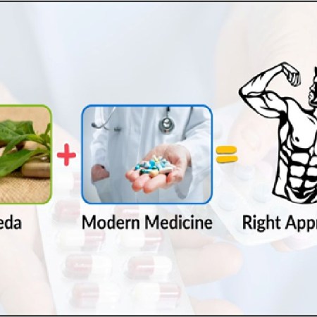Infographic illustrating the balance between Ayurveda and modern medicine for a holistic approach to health and wellness.